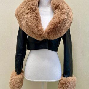 Azalea Wang Gisele Black/Brown Vegan Leather Faux Fur Cropped 3:1 Jacket-NWOT-M